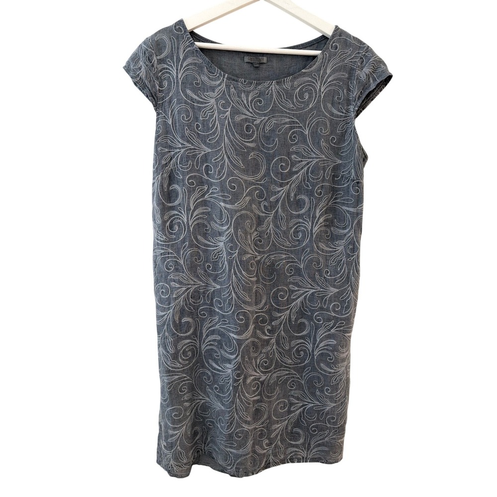 Lina Tomei Italy Grey Linen Embroidered Cap Sleeve Shift Dress Pockets Womens XL